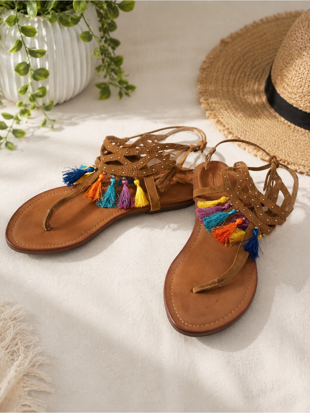 Jessica Simpson Women’s Brown Tassel Gladiator Sandals - Boho Summer Style